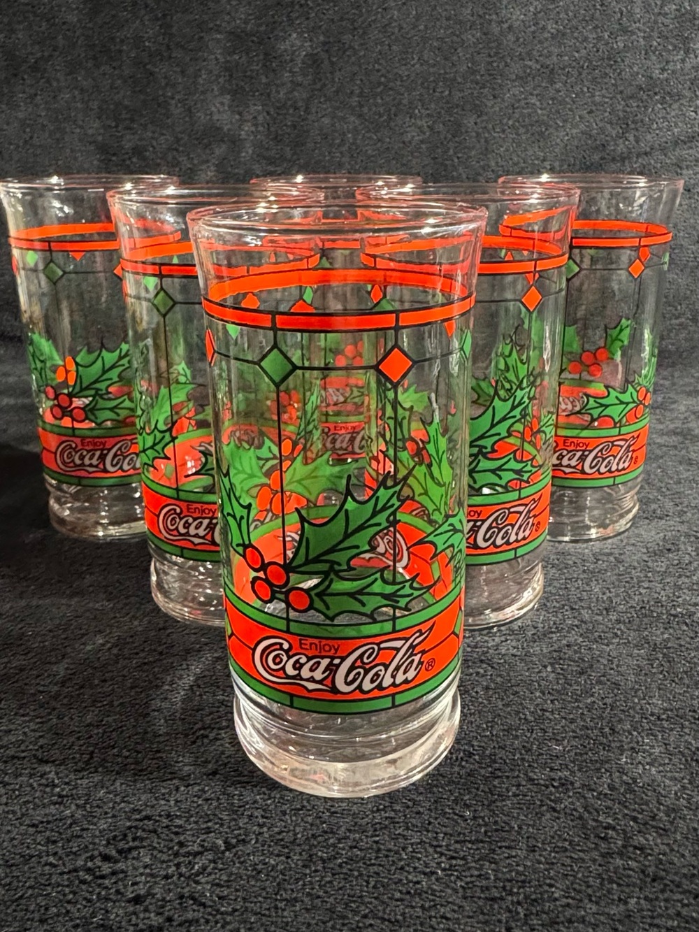 Vintage Coca Cola Holly and Berry Glasses with Red & Green Holly Banding